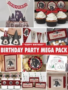 Birthday party cake toppers, cupcake toppers, party hats, and party decor with text - Birthday Party Mega Pack
