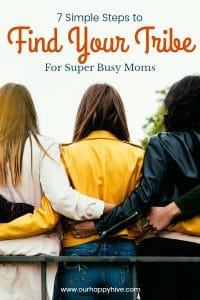 Ladies standing side by side linking arms behind their backs with Text - 7 Simple Steps to Find Your Tribe For Super Busy Moms