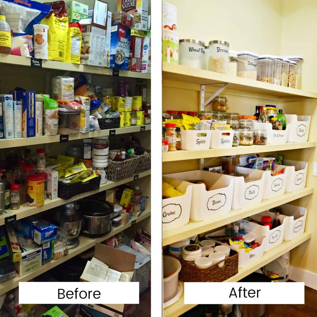 Before and After shots of a disorganized then organized pantry