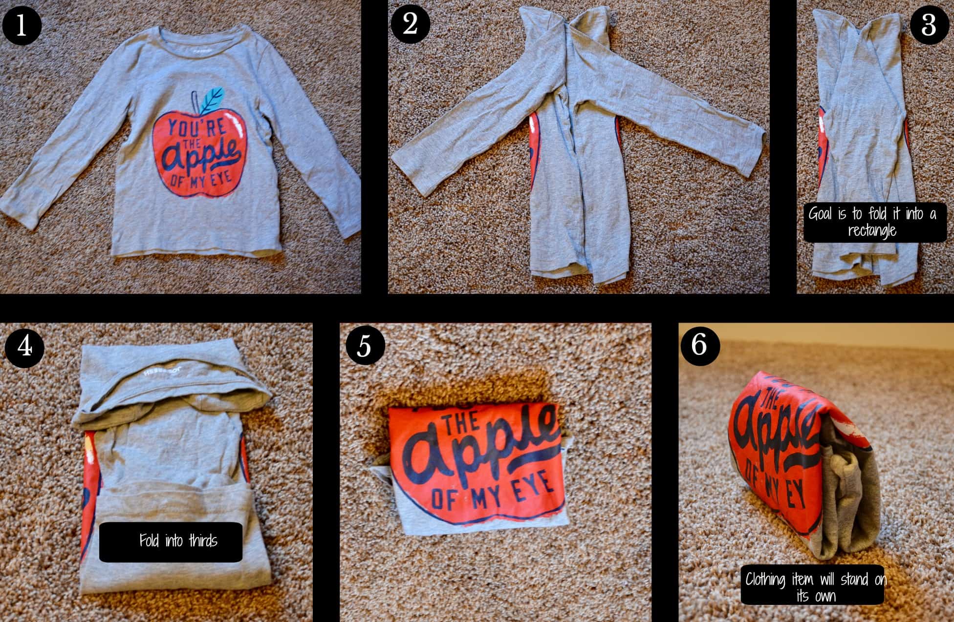 Step by step picture of how to fold a tshirt using the vertical filing procecc.