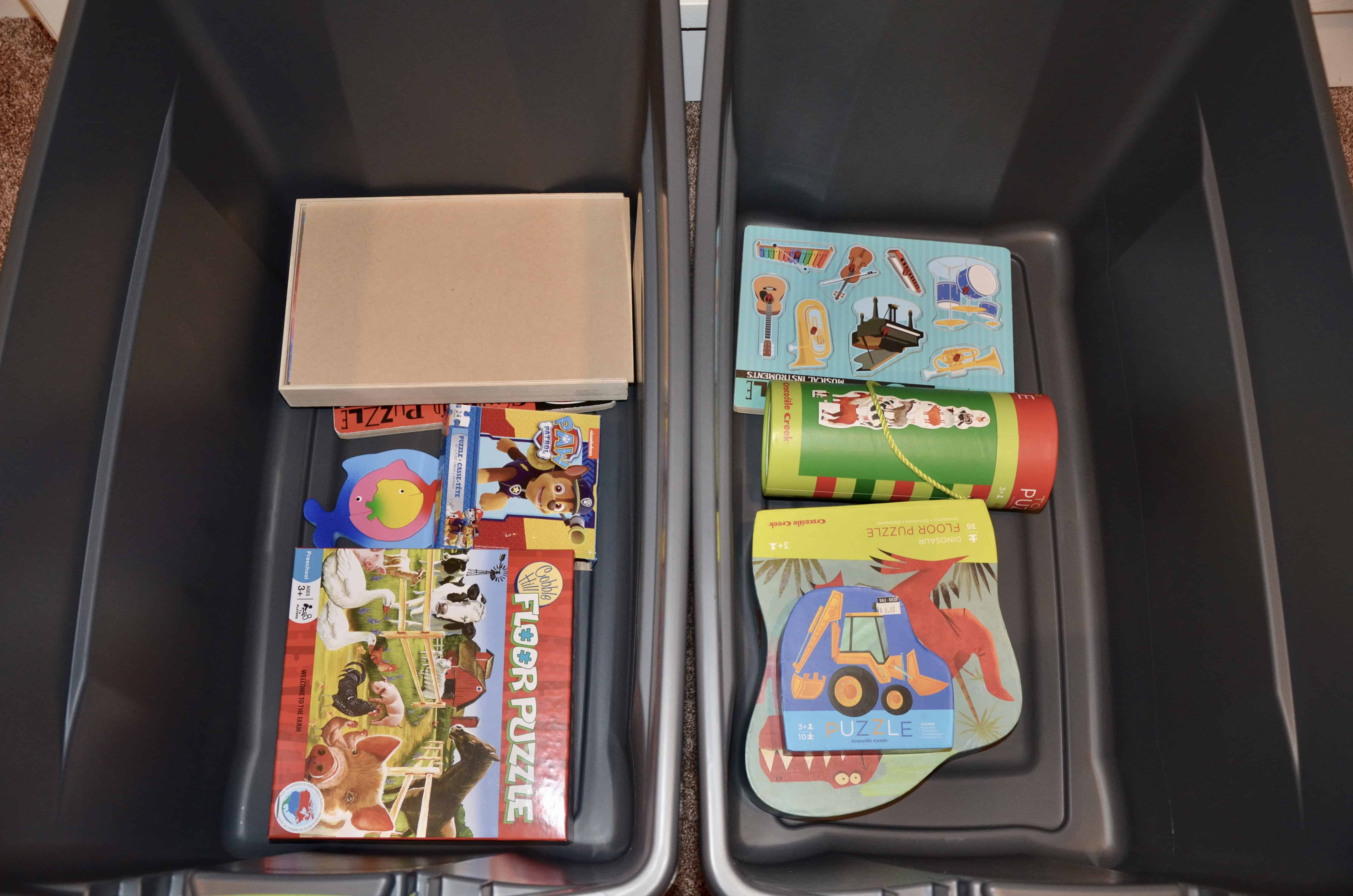 Storage bins with sorted toys