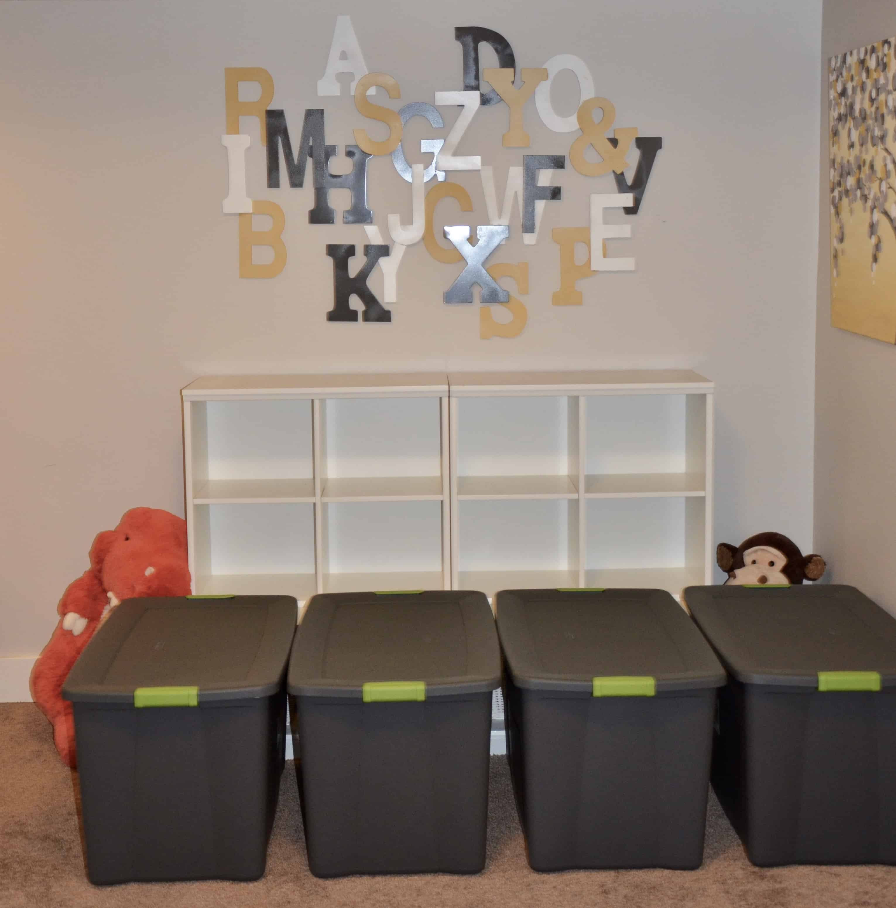 Empty play room with storage bins