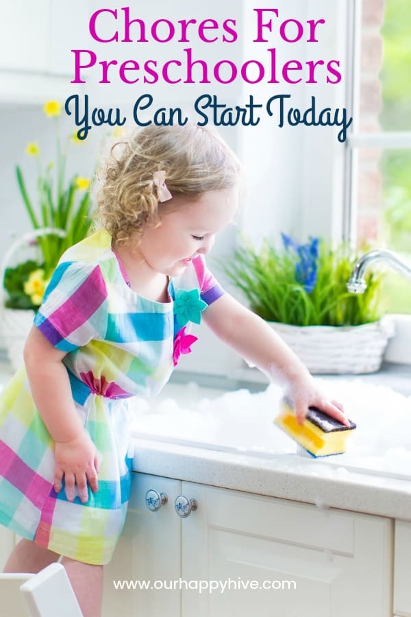 Preschooler standing at sink washing dishes with text Chores for Preschoolers You Can Start Today