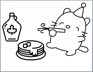 Coloring page printable with cat, pancake, and syrup