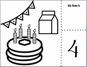 Coloring page printable with pancake, banner, milk, and space for guests name