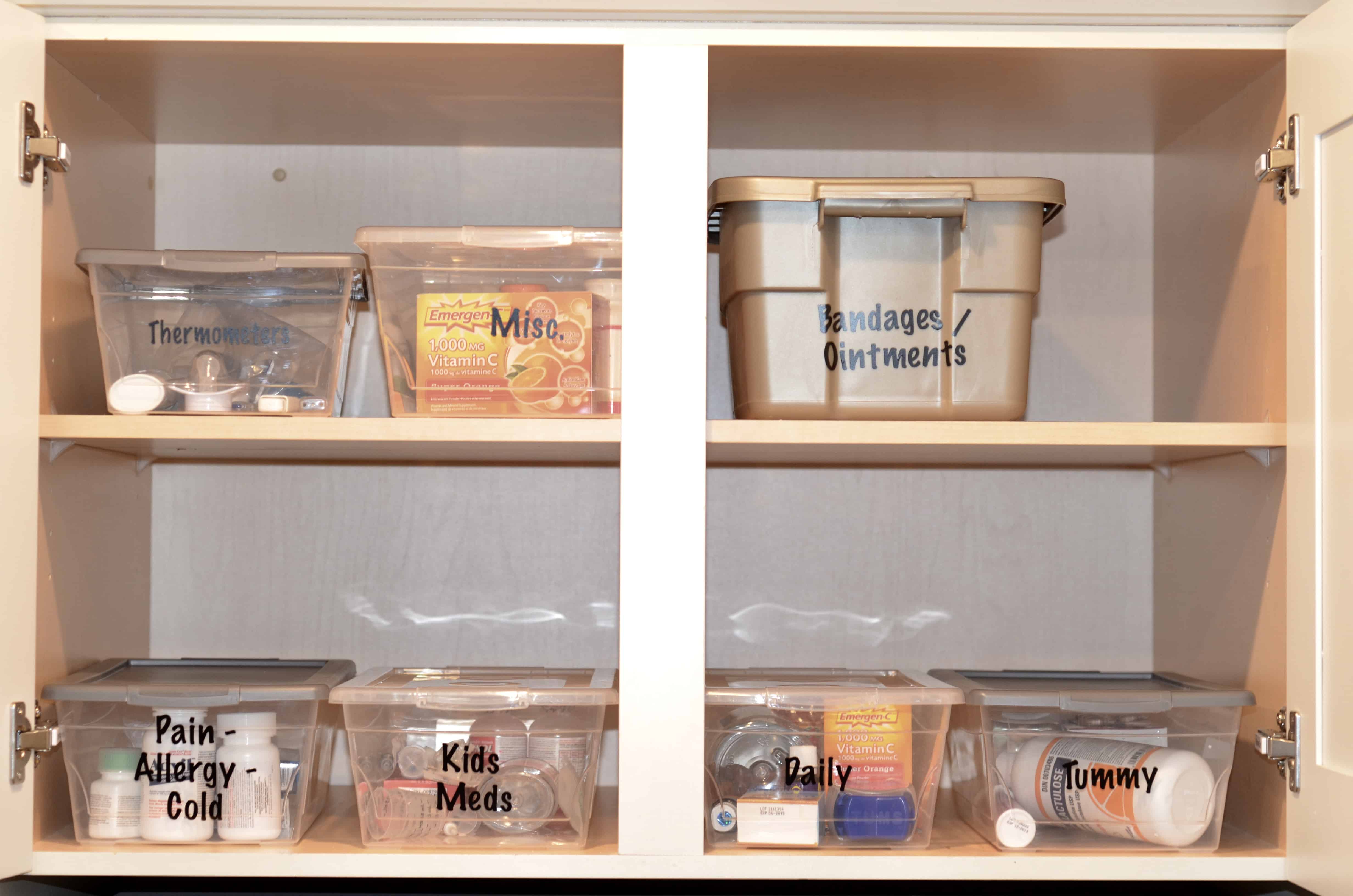Organized medicine cabinet with labeld boxes