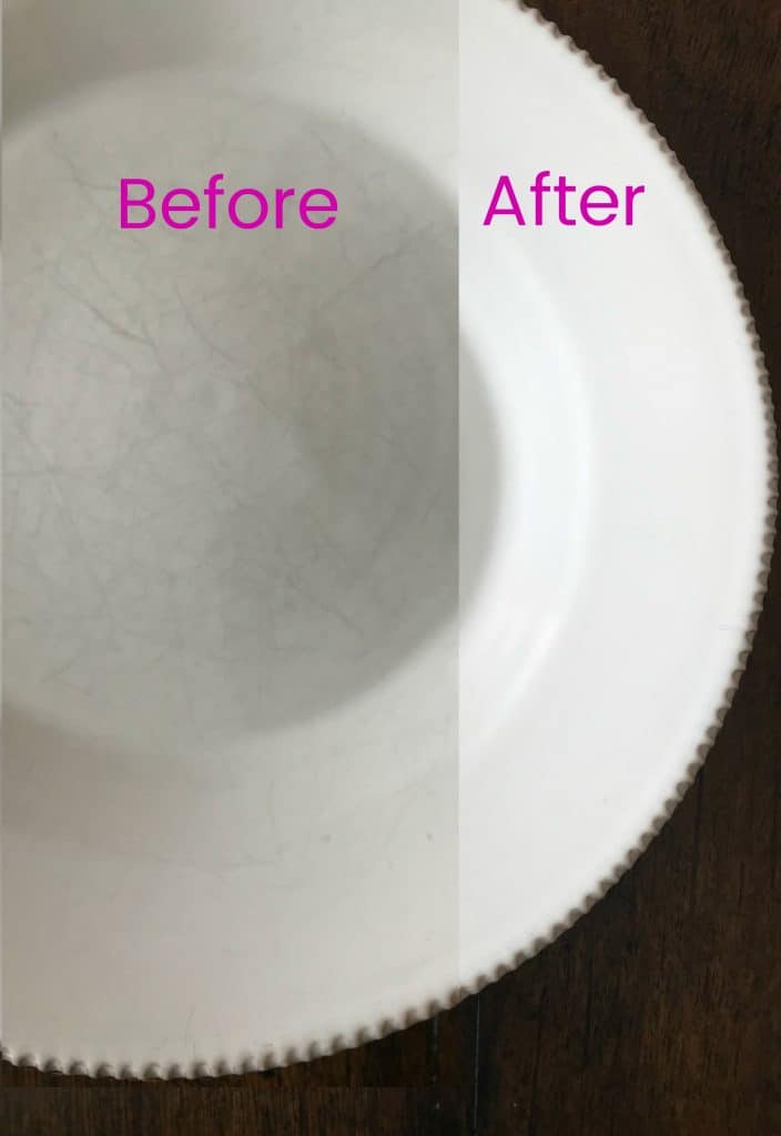 Before and After picture of a scratched plate 