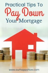 House with coins stacked beside it with text practical tips to pay down your mortgage
