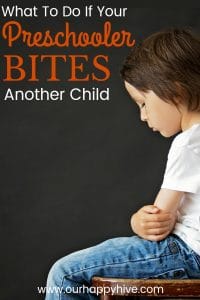 Side Profile of preschooler boy with text what to do if your preschooler bites another child.