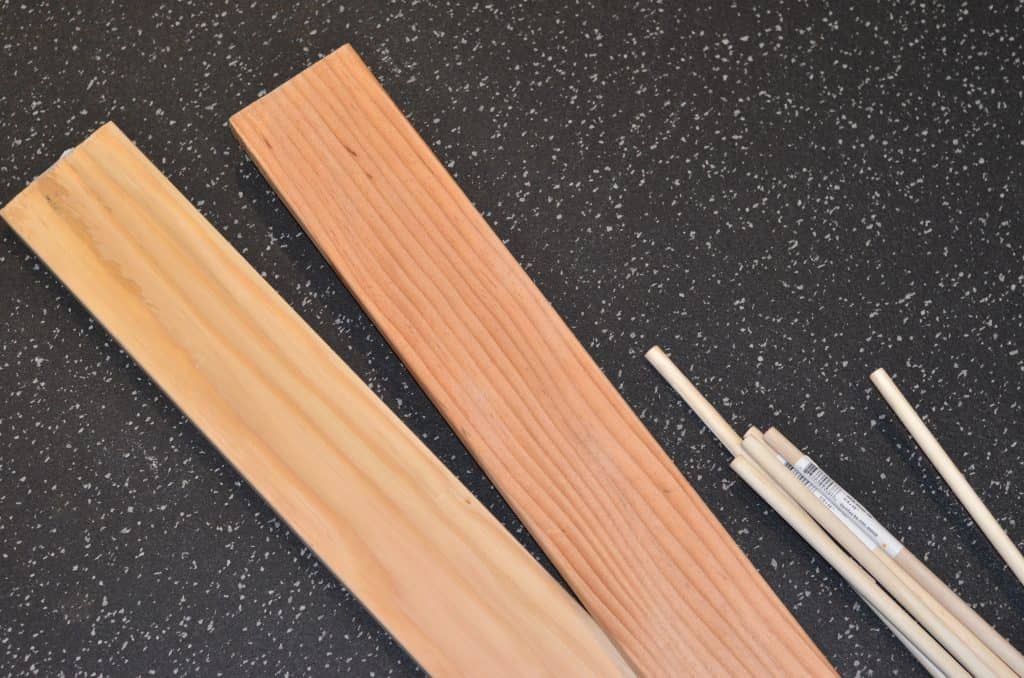 Lumber and dowels for building the spice rack.