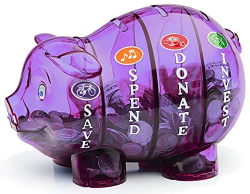 clear piggy bank with 4 compartments. one for save, one for spend, one for donate, and one for invest