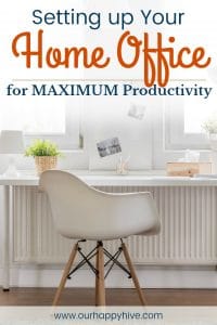 Office with white desk and chair with text Setting up Your Home Office for Maximum Productivity