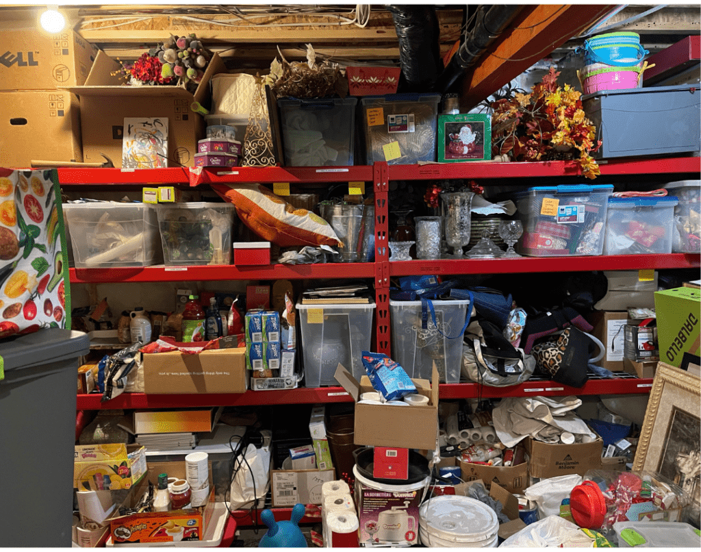 Overwhelming room that needs to be decluttered. Storage area shows things piled from the floor to the cceiling.
