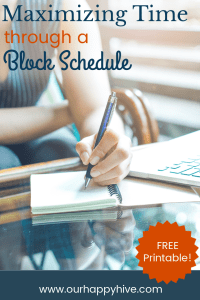 woman's hand writing in a notepad next to a computer with text Maximizing Time Through A Block Schedule