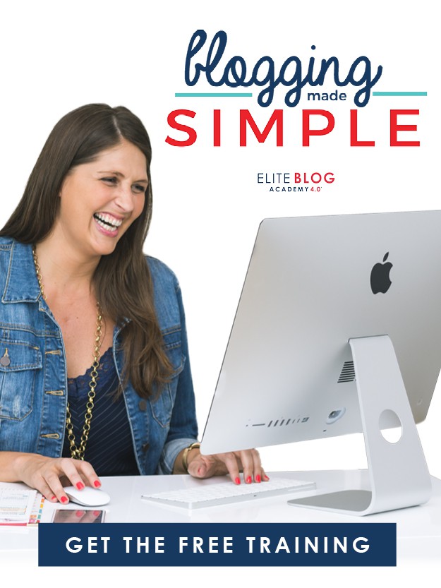 happy woman looking at a computer with text blogging made simple get the free training