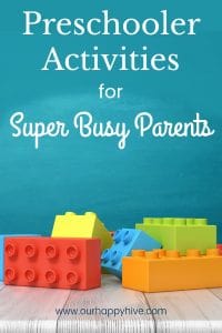 Close up of lego blocks with text preschooler activities for Super Busy Parents