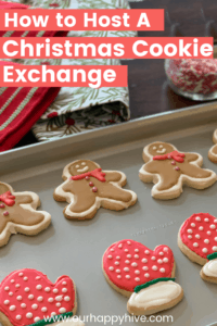 Gingerbread cookies and sugar cookies lined up with text How to Host a Christmas Cookie Exchange