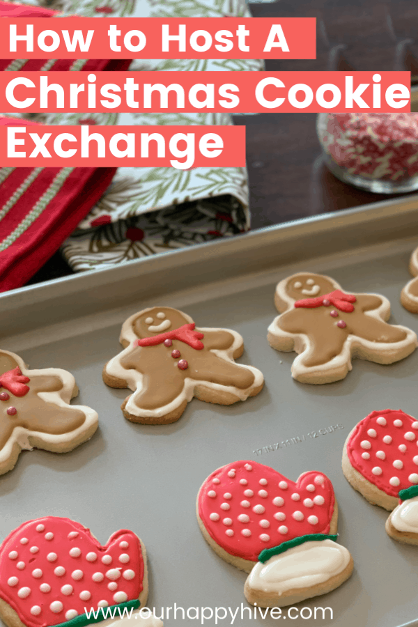 Gingerbread cookies and sugar cookies lined up with text How to Host a Christmas Cookie Exchange