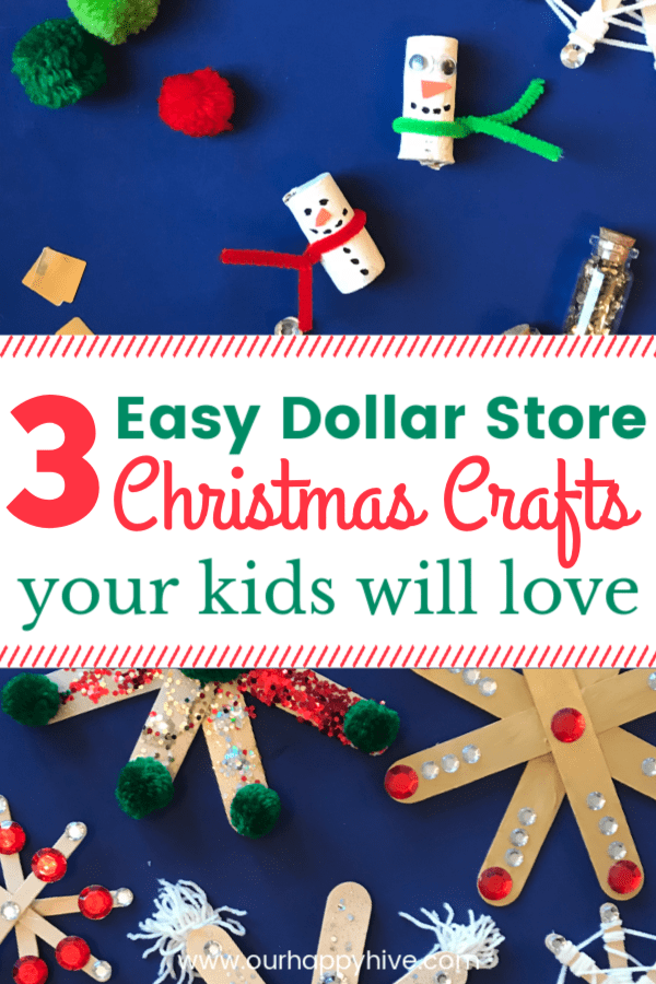 Cork snowman, popsiclestick snowflakes with text 3 easy dollar store christmas crafts your kids will love