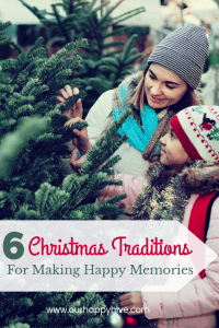 Mom and daughter picking out a christmas tree with text 6 christmas traditions for making happy memories