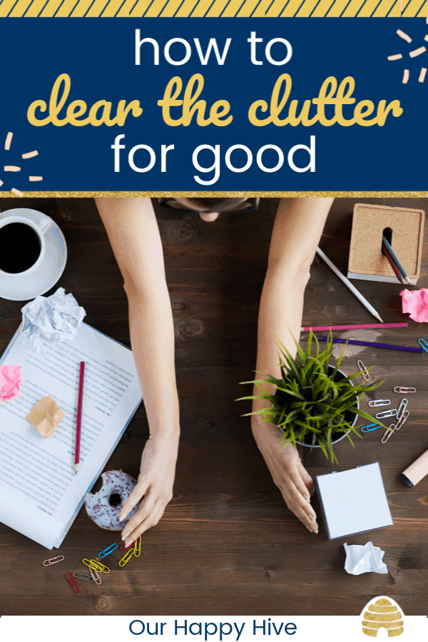 Woman sorting out mess on working table, moving stationery, documents, food and plant with text how to clear the clutter for good