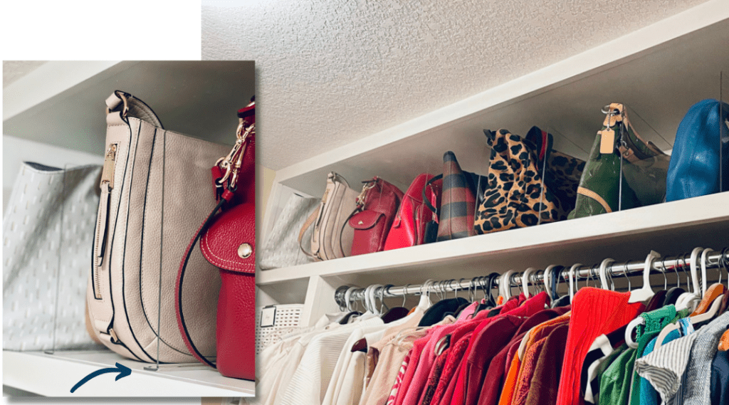 Colorful handbags lined up at the top of the closet, vertically filed from left to right.  Easy home organization technique that maximizes space and makes things easy to find.