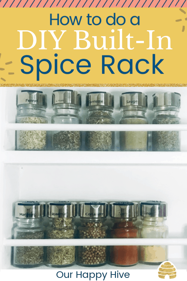 close up of spice bottles on a shelf with text how to do a diy built in spice rack