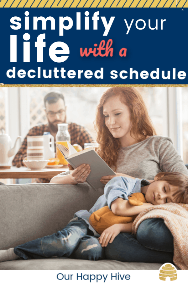 A family with a simplified life. Sleeping son lying on mother's laps while she is reading a book and father eating in the background. with text simplify your life with a decluttered schedule