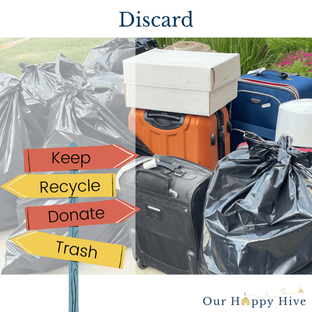 Garbage baggs and declutter items are piled on the lawn to be discarded after organizing your home.