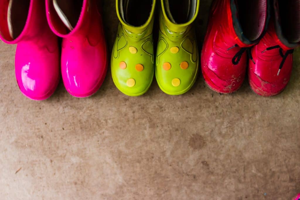 kids bright pink, red, green rubber boots,gardening,boots. Rainy day fashion.Garden Rainy Rubber Shoes. boots for rainy day.