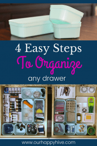 empty containers top picture, text 4 easy steps to organize any drawer, 2 organized drawers bottom pic