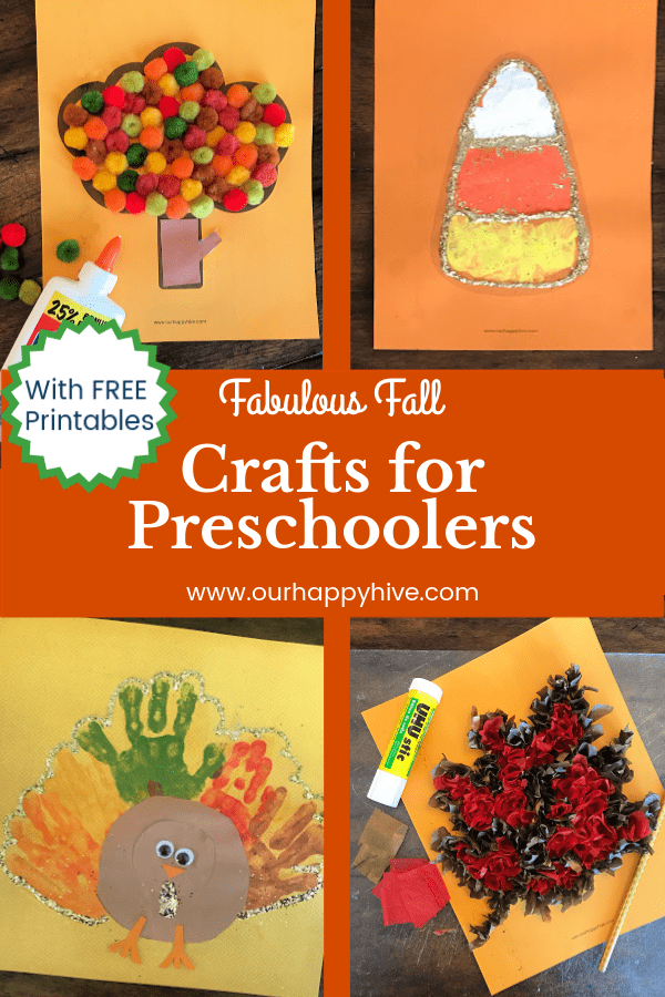 Four preschooler crafts including an Autumn Tree, Candy Corn, Turkey, and Leaf with text Fabulous Fall Crafts for Preschoolers.