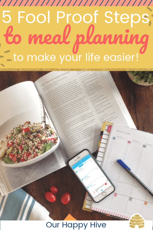 cookbook, calendar, and smartphone laying open on a table with text 4 fool proof steps to meal planning that will make your life easier