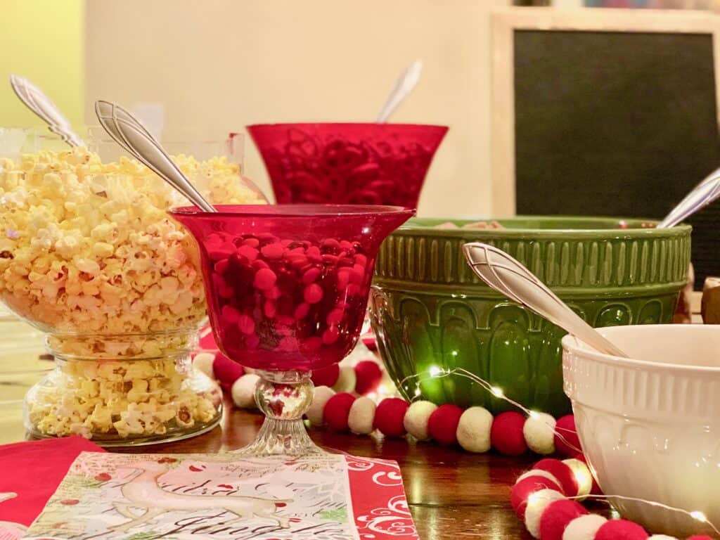 View of differnt bowls and jars for DIY party mix mixins