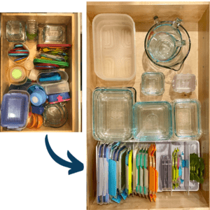 top view of a food storage conainer drawer. It has glass containers and a lid organizer.