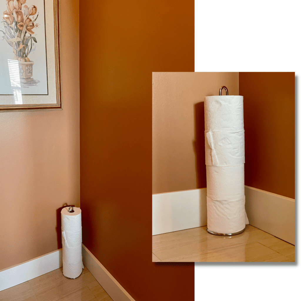 a picture of a toile paper storage tower. The tower is in the corner of the bathroom to help keep the bathroom organized and tidy.