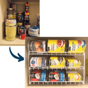 picture of cans on a shelf and then a second image of cans in a pantry can organizer