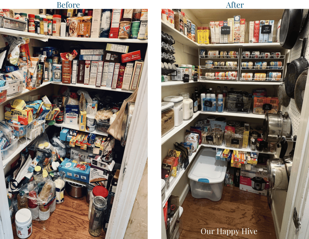 A before and after picture of the organized deep pantry.  