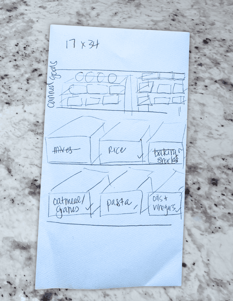 A hand drawing of the pantry shelves for organizing a deep pantry