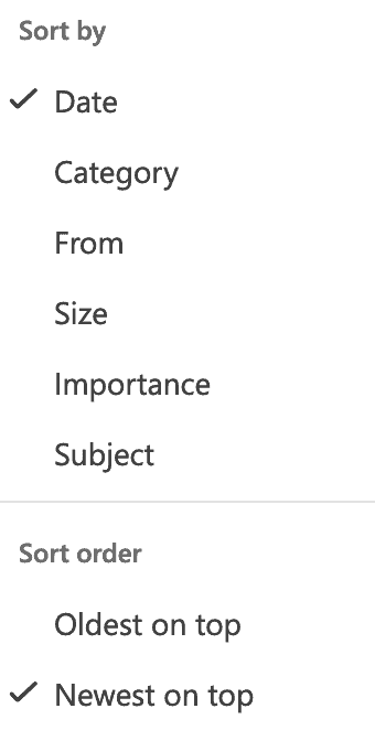 screen shot of a list you can sort your emails by as you declutter, organize and clean your personal email inbox.  The list includes Sort by date, category, from, size, importance, and subject.  You can also select sorting by oldest or newest.