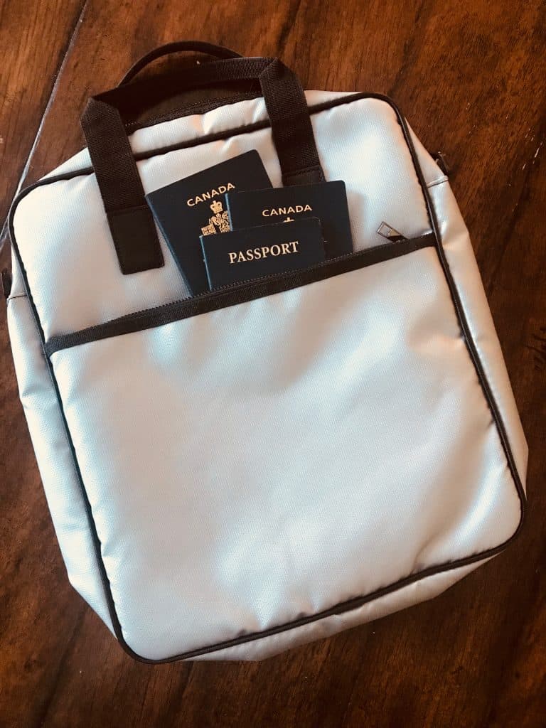 Fireproof bag with passports sticking out of the pocket