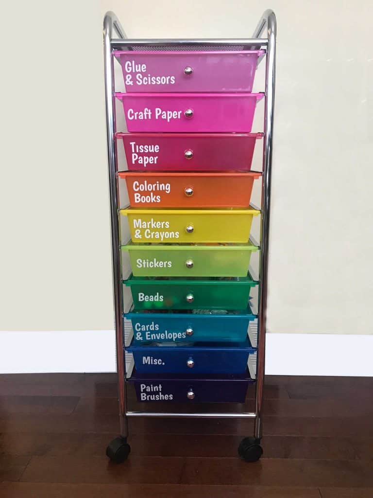 Vertical rainbow colored craft organizing cart with labels on each drawer