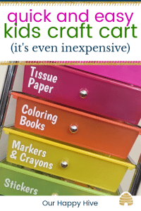 upclose picture of kids craft cart storage drawers with text quick and easy kids craft cart (it's even inexpensive)