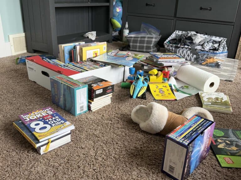 Messy kids bedroom floor covered in books toys and stuffed animals before decluttering