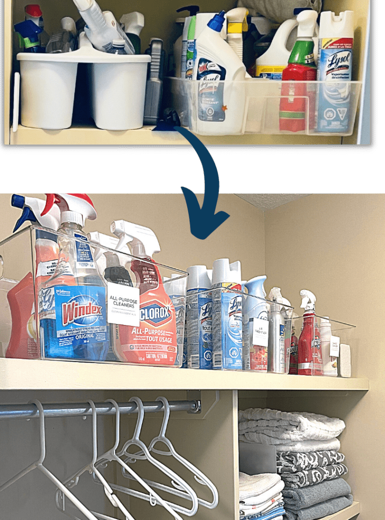 Image of disorganized household cleaners, then clear bins to help with home organization. Each bin neatly contains the household cleaners.