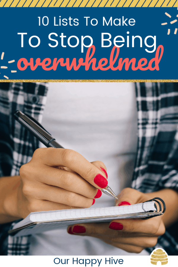 Woman in plaid shirt and a red manicure making a list in a notebook with text 10 lists to Make to Stop Being Overwhelmed