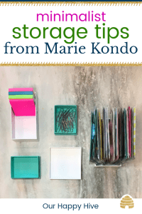 colorful boxes filled with desk supplies and organized standing vertically with the box with text minimalist storage tips from Marie Kondo
