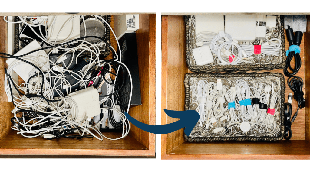 Image of a disorganized cabel drawer and then an organized cable drawer in the home office. 