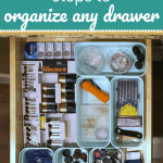 Organized "junk drawer" with seperate containers for each item. With text 4 Crazy Easy Steps to organize any drawer.