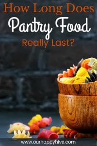 Close up of a bowl of dry multi colored pasta with text How Long Does Pantry Food Really Last